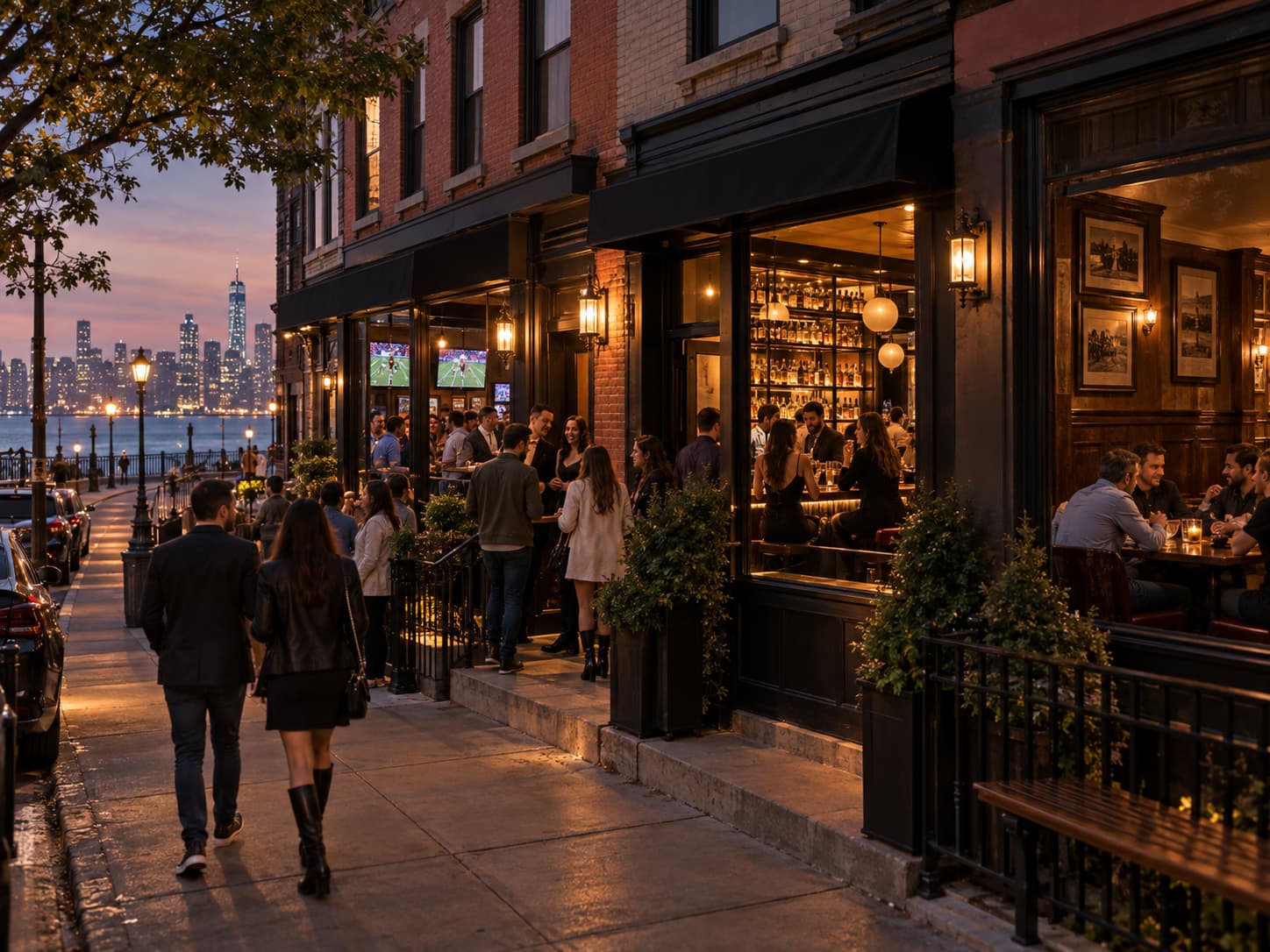 Bars and pubs in Hoboken at night with sports, cocktails and the Manhattan skyline
