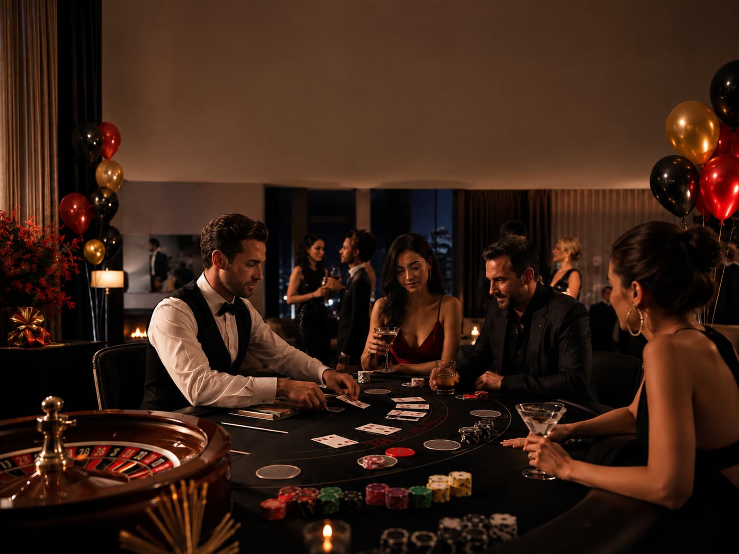Casino night party with blackjack, roulette, poker chips and elegant decorations