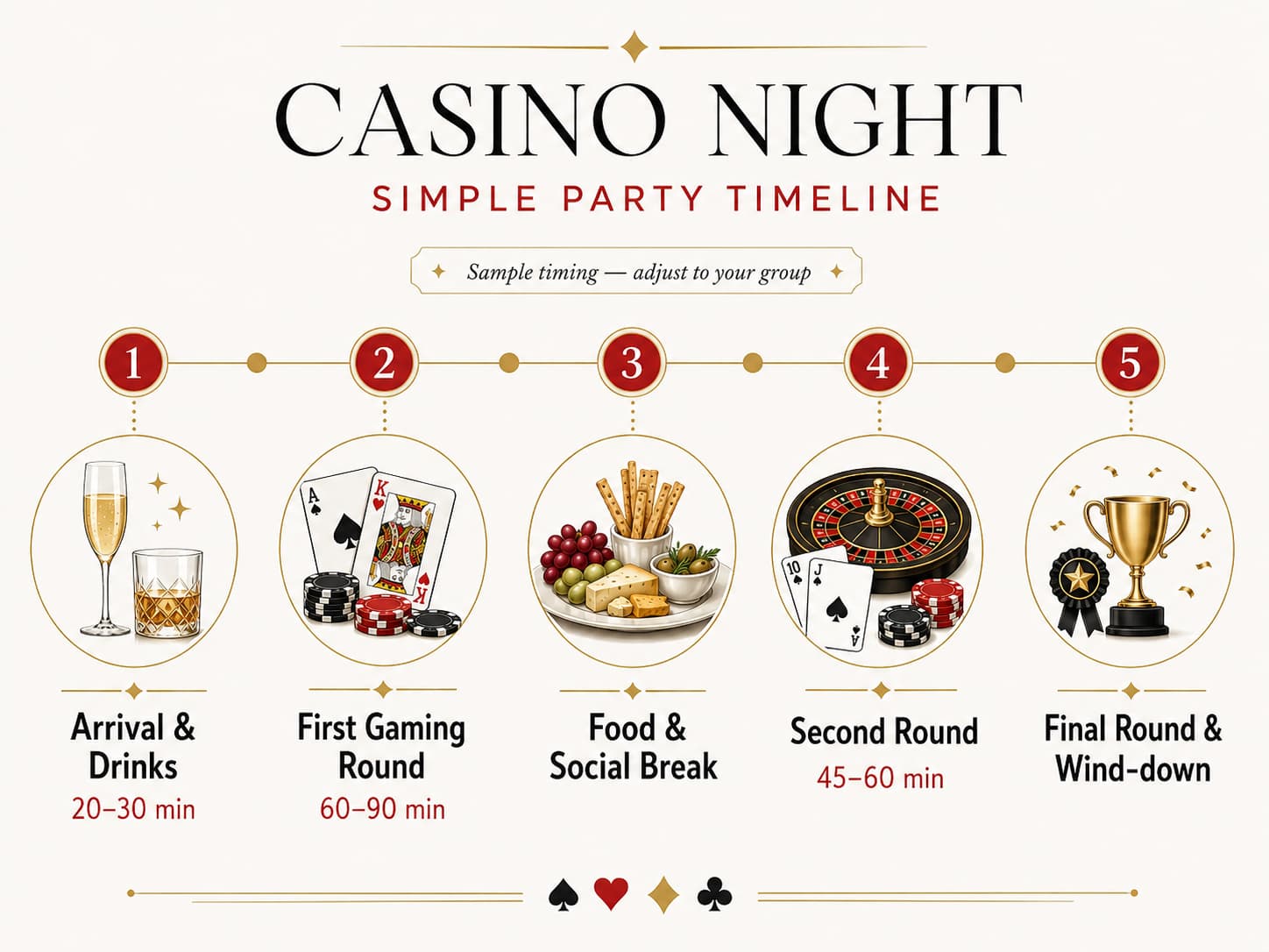 Casino night party timeline from guest arrival to final round and wind-down