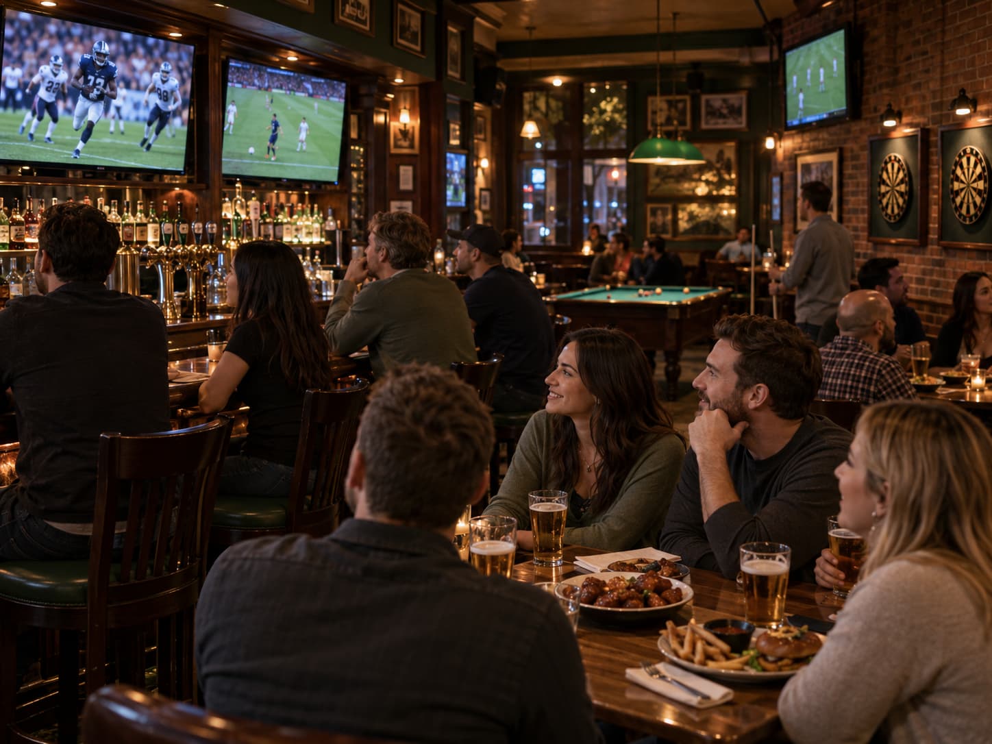 Hoboken sports bar with football screens, pub tables, darts and pool