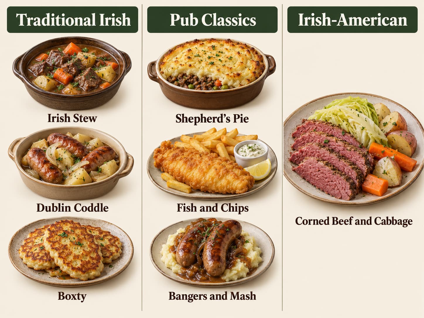 Classification of traditional Irish dishes, shared pub classics and Irish-American food