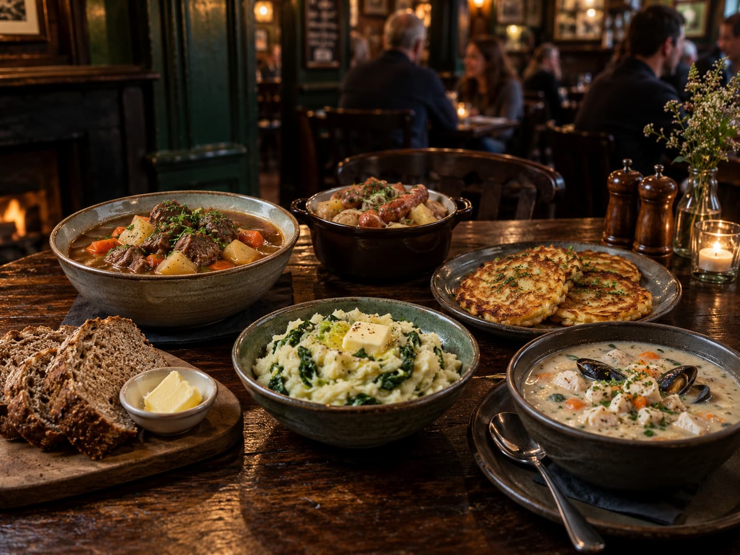 Traditional and modern Irish pub dishes served on a wooden pub table
